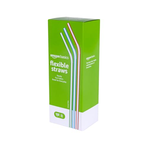 Amazon Basics Disposable Striped Plastic Flex Straws, 7.5" Long, Assorted Colors, 100 Count, Large Pack - Image 3