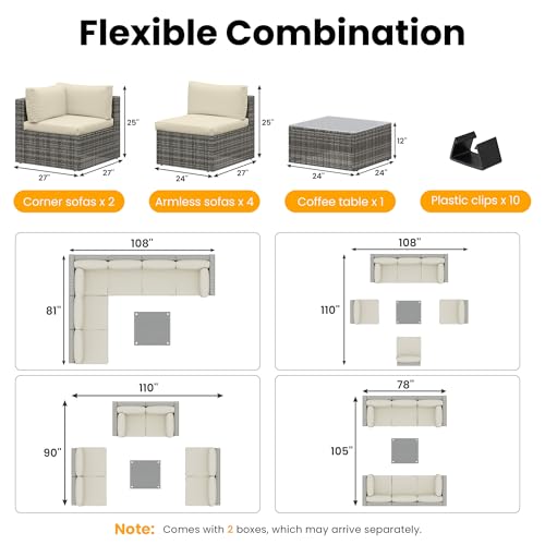 7-Piece Modular Patio Furniture Set, Wicker Outdoor Sectional Sofa with Cushions and Coffee Table, All Weather Patio Conversation Sets for Porch Balcony Backyard, Beige - Image 5