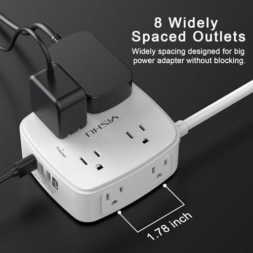 6 Ft Surge Protector Power Strip - 8 Widely Outlets with 4 USB Ports, 3 Side Outlet Extender with 6 Feet Extension Cord, Flat Plug, Wall Mount, Desk USB Charging Station, ETL,White - Image 5