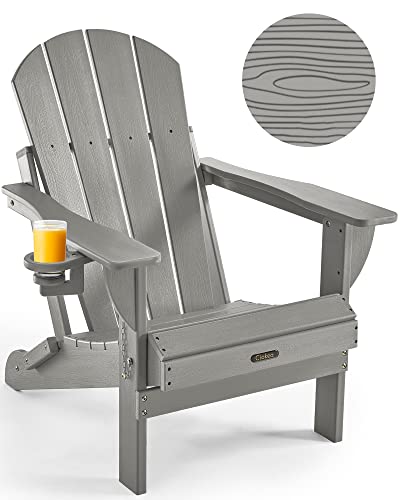 Ciokea Folding Adirondack Chair Wood Texture, Patio Chair Weather Resistant, Plastic Fire Pit Chair with Cup Holder, for Lawn Outdoor Porch Garden Backyard Deck (Grey) - Image 3