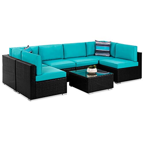 Best Choice Products 7-Piece Modular Outdoor Sectional Wicker Patio Conversation Set w/ 2 Pillows, Coffee Table, Cover Included - Black/Teal - Image 3