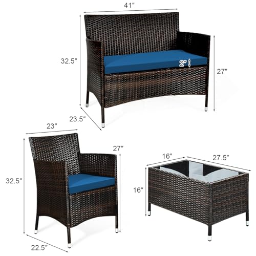 Goplus 4-Piece Rattan Patio Set, Outdoor/Indoor Wicker Conversation Set for Pool, Backyard, Lawn, Wicker Chairs and Sofa with Soft Cushion, Rattan Furniture with Tempered Glass Coffee Table - Image 5