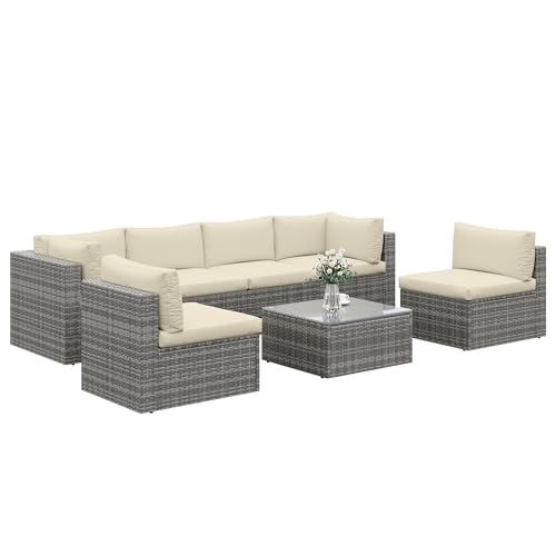 7-Piece Modular Patio Furniture Set, Wicker Outdoor Sectional Sofa with Cushions and Coffee Table, All Weather Patio Conversation Sets for Porch Balcony Backyard, Beige - Image 3