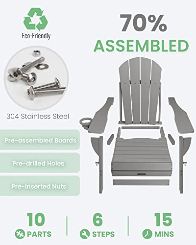 Ciokea Folding Adirondack Chair Wood Texture, Patio Chair Weather Resistant, Plastic Fire Pit Chair with Cup Holder, for Lawn Outdoor Porch Garden Backyard Deck (Grey) - Image 7