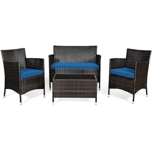 Goplus 4-Piece Rattan Patio Set, Outdoor/Indoor Wicker Conversation Set for Pool, Backyard, Lawn, Wicker Chairs and Sofa with Soft Cushion, Rattan Furniture with Tempered Glass Coffee Table - Image 3