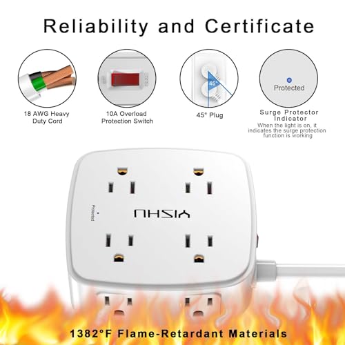 6 Ft Surge Protector Power Strip - 8 Widely Outlets with 4 USB Ports, 3 Side Outlet Extender with 6 Feet Extension Cord, Flat Plug, Wall Mount, Desk USB Charging Station, ETL,White - Image 8