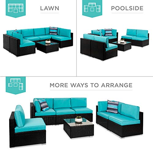 Best Choice Products 7-Piece Modular Outdoor Sectional Wicker Patio Conversation Set w/ 2 Pillows, Coffee Table, Cover Included - Black/Teal - Image 5