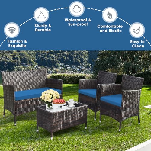 Goplus 4-Piece Rattan Patio Set, Outdoor/Indoor Wicker Conversation Set for Pool, Backyard, Lawn, Wicker Chairs and Sofa with Soft Cushion, Rattan Furniture with Tempered Glass Coffee Table - Image 6