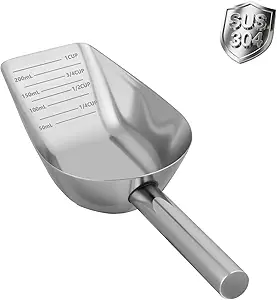 Dog-Cat Food Scoop 1 Cup – Thickened 304 Stainless Steel Pet Food Scoop with Long Handle, Precision Scale, Easy to Clean, Suitable for Wet Dry Food