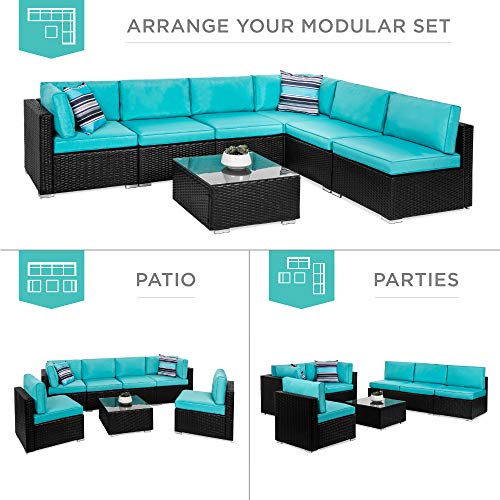 Best Choice Products 7-Piece Modular Outdoor Sectional Wicker Patio Conversation Set w/ 2 Pillows, Coffee Table, Cover Included - Black/Teal - Image 4