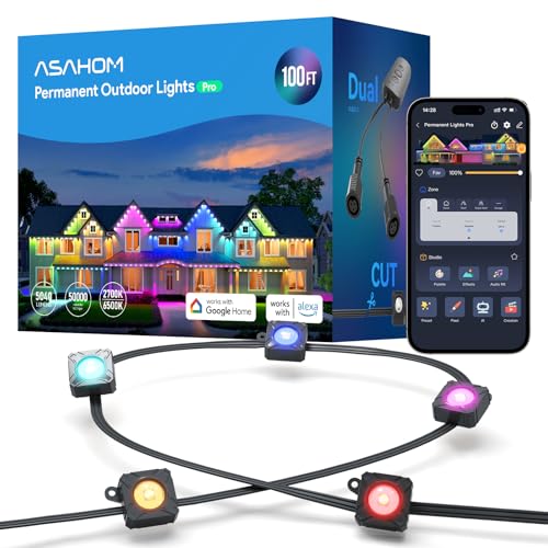 ASAHOM Permanent Outdoor Light Pro S108B, 100FT with 72 RGBCW 70lm LED, WLED Integration, AI Lighting, 30000 Lighting Effect Combination, IP67 Waterproof for Halloween Christmas and Daily Decor, Black - Image 3