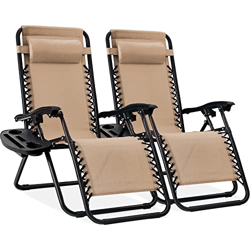 Best Choice Products Set of 2 Adjustable Steel Mesh Zero Gravity Lounge Chair Recliners w/Pillows and Cup Holder Trays - Sand - Image 3