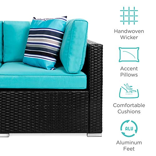 Best Choice Products 7-Piece Modular Outdoor Sectional Wicker Patio Conversation Set w/ 2 Pillows, Coffee Table, Cover Included - Black/Teal - Image 7
