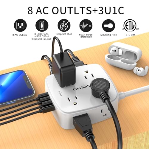 6 Ft Surge Protector Power Strip - 8 Widely Outlets with 4 USB Ports, 3 Side Outlet Extender with 6 Feet Extension Cord, Flat Plug, Wall Mount, Desk USB Charging Station, ETL,White - Image 4
