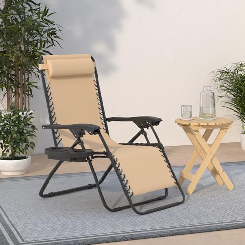 Best Choice Products Set of 2 Adjustable Steel Mesh Zero Gravity Lounge Chair Recliners w/Pillows and Cup Holder Trays - Sand - Image 4