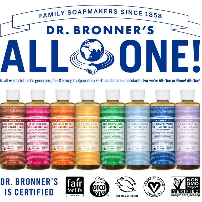 Dr. Bronner's Pure-Castile Magic Liquid Soap (Peppermint, 8 Ounce)- Made with Organic Oils, 18-in1 Uses: Face, Hair, Hand & Body Soap, Laundry, Pets- Concentrated, Vegan, Non-GMO - Image 9