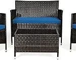 Goplus 4-Piece Rattan Patio Set, Outdoor/Indoor Wicker Conversation Set for Pool, Backyard, Lawn, Wicker Chairs and Sofa with Soft Cushion, Rattan Furniture with Tempered Glass Coffee Table