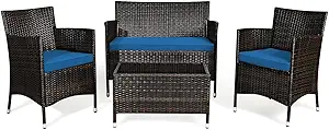 Goplus 4-Piece Rattan Patio Set, Outdoor/Indoor Wicker Conversation Set for Pool, Backyard, Lawn, Wicker Chairs and Sofa with Soft Cushion, Rattan Furniture with Tempered Glass Coffee Table