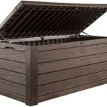 Keter Westwood 150 Gallon Deck Box Organizer, Doubles as 2-Person Bench Seat, Brown – Large Resin Outdoor Storage and Seating with Lockable Lid for Garden, Pool, and Patio