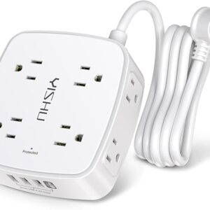 6 Ft Surge Protector Power Strip - 8 Widely Outlets with 4 USB Ports, 3 Side Outlet Extender with 6 Feet Extension Cord, Flat Plug, Wall Mount, Desk USB Charging Station, ETL,White