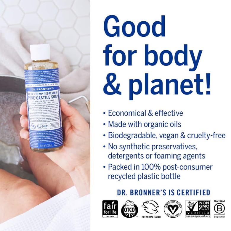 Dr. Bronner's Pure-Castile Magic Liquid Soap (Peppermint, 8 Ounce)- Made with Organic Oils, 18-in1 Uses: Face, Hair, Hand & Body Soap, Laundry, Pets- Concentrated, Vegan, Non-GMO - Image 7