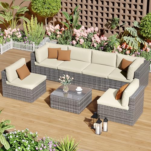 7-Piece Modular Patio Furniture Set, Wicker Outdoor Sectional Sofa with Cushions and Coffee Table, All Weather Patio Conversation Sets for Porch Balcony Backyard, Beige - Image 7