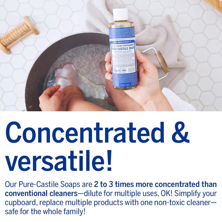 Dr. Bronner's Pure-Castile Magic Liquid Soap (Peppermint, 8 Ounce)- Made with Organic Oils, 18-in1 Uses: Face, Hair, Hand & Body Soap, Laundry, Pets- Concentrated, Vegan, Non-GMO - Image 8