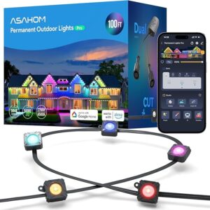 ASAHOM Permanent Outdoor Light Pro S108B, 100FT with 72 RGBCW 70lm LED, WLED Integration, AI Lighting, 30000 Lighting Effect Combination, IP67 Waterproof for Halloween Christmas and Daily Decor, Black