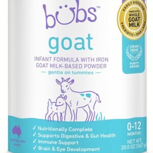 Bubs Whole Goat Milk Formula with Iron, Goat Milk-Based Powder, for Infants 0-12 Months, Made with Non-GMO Goat Milk, 20 oz