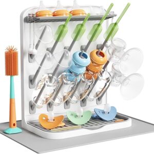 Lifewit Large Baby Bottle Drying Rack with Drain Mat, 15 Hooks Vertical Rack Dryer with Removable Pacifiers Box, Drip Tray, Space Saving Countertop Holder Organizer for Weighted Straws, Pump Parts