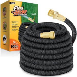 Flexi Hose Lightweight Expandable Garden Hose, No-Kink Flexibility, 3/4 Inch Solid Brass Fittings and Double Latex Core (100 FT, Black)