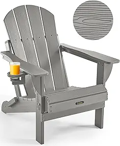 Ciokea Folding Adirondack Chair Wood Texture, Patio Chair Weather Resistant, Plastic Fire Pit Chair with Cup Holder, for Lawn Outdoor Porch Garden Backyard Deck (Grey)