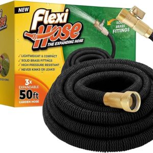 Flexi Hose Upgraded Expandable Garden Hose Extra Strength 3/4 Solid Brass Fittings - The Ultimate No-Kink Flexible Water Hose (Black, 50 FT)