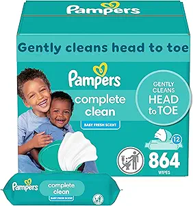 Pampers Baby Wipes, Complete Clean Baby Fresh Scented Wipe, Gently Cleans Head to Toe, 864 Total (12 Flip-Top Packs)