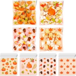 100 PCS Fall Cellophane Treat Bags(4x4 Inch) Small Thanksgiving Ziplock Bags for Candy Snack Goodie Cookie Gifts Wrap Autumn Self Sealing Pouch Baggies Friendgiving Party Favors Supplies Decorations
