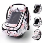 Car Seat Cover Baby Girls, Infant Car Seat Canopy Outdoor, 2 Layers with Mesh and Sun Shade Window for Summer Winter, Easy Access Carseat Covers Snug Fit Baby Stroller - Pink Floral