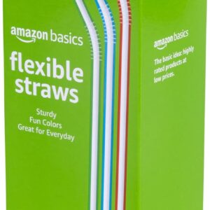 Amazon Basics Disposable Striped Plastic Flex Straws, 7.5" Long, Assorted Colors, 100 Count, Large Pack