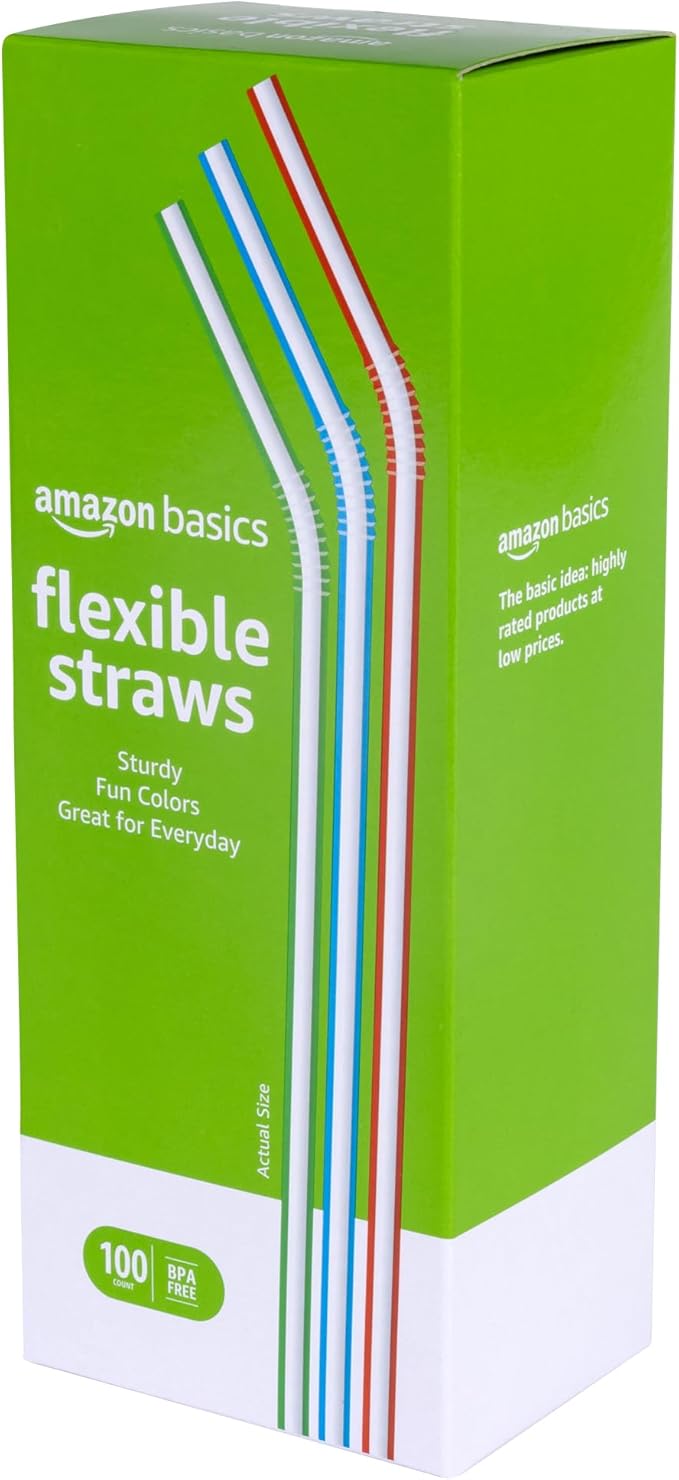 Amazon Basics Disposable Striped Plastic Flex Straws, 7.5" Long, Assorted Colors, 100 Count, Large Pack
