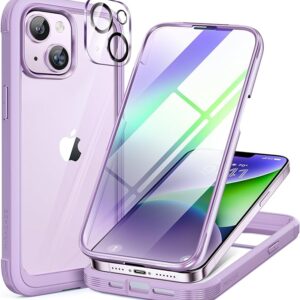 Miracase Designed for iPhone 14 Case 6.1 inch, [Built-in Tempered Glass Screen Protector] [Bubble Free] Full-Body Protective Bumper Phone Case with Camera Lens Protector, Purple
