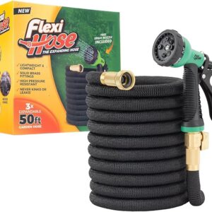 Flexi Hose Lightweight Garden Hose, 50FT - Expandable Hose with 8 Function Nozzle, No-Kink Flexibility, 3/4 Inch Solid Brass Fittings and Double Latex Core