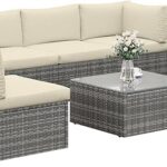 7-Piece Modular Patio Furniture Set, Wicker Outdoor Sectional Sofa with Cushions and Coffee Table, All Weather Patio Conversation Sets for Porch Balcony Backyard, Beige