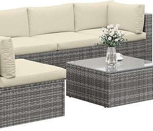 7-Piece Modular Patio Furniture Set, Wicker Outdoor Sectional Sofa with Cushions and Coffee Table, All Weather Patio Conversation Sets for Porch Balcony Backyard, Beige