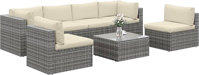 7-Piece Modular Patio Furniture Set, Wicker Outdoor Sectional Sofa with Cushions and Coffee Table, All Weather Patio Conversation Sets for Porch Balcony Backyard, Beige