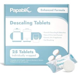 Papablic Descaling Tablets, 25 Count – Compatible with Baby Brezza, Momcozy, Papablic Bottle Washer, Warmer, Sterilizer & Formula Maker – Removes Milk & Limescale for Better Performance