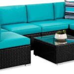 Best Choice Products 7-Piece Modular Outdoor Sectional Wicker Patio Conversation Set w/ 2 Pillows, Coffee Table, Cover Included - Black/Teal