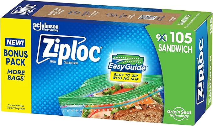 Ziploc Sandwich and Snack Bags with EasyGuide Texture, Plastic Storage Bags with Grip 'n Seal Technology, 105 Bags Total