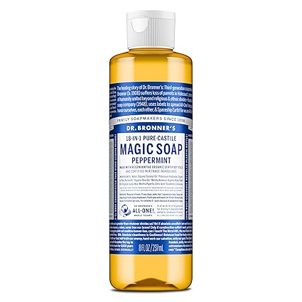 Dr. Bronner's Pure-Castile Magic Liquid Soap (Peppermint, 8 Ounce)- Made with Organic Oils, 18-in1 Uses: Face, Hair, Hand & Body Soap, Laundry, Pets- Concentrated, Vegan, Non-GMO