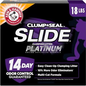ARM & HAMMER Clump & Seal SLIDE Platinum Multi-Cat Clumping Cat Litter, 14-Day Odor Control, EZ Clean Technology, 18 lbs – No Scrubbing, Powerful Odor Eliminator