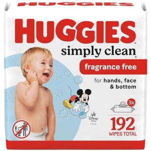 Huggies Simply Clean Unscented Baby Diaper Wipes, 3 Flip-Top Packs (192 Wipes Total), Packaging May Vary