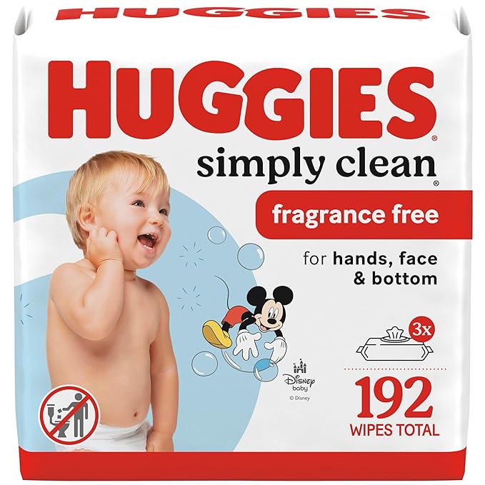 Huggies Simply Clean Unscented Baby Diaper Wipes, 3 Flip-Top Packs (192 Wipes Total), Packaging May Vary